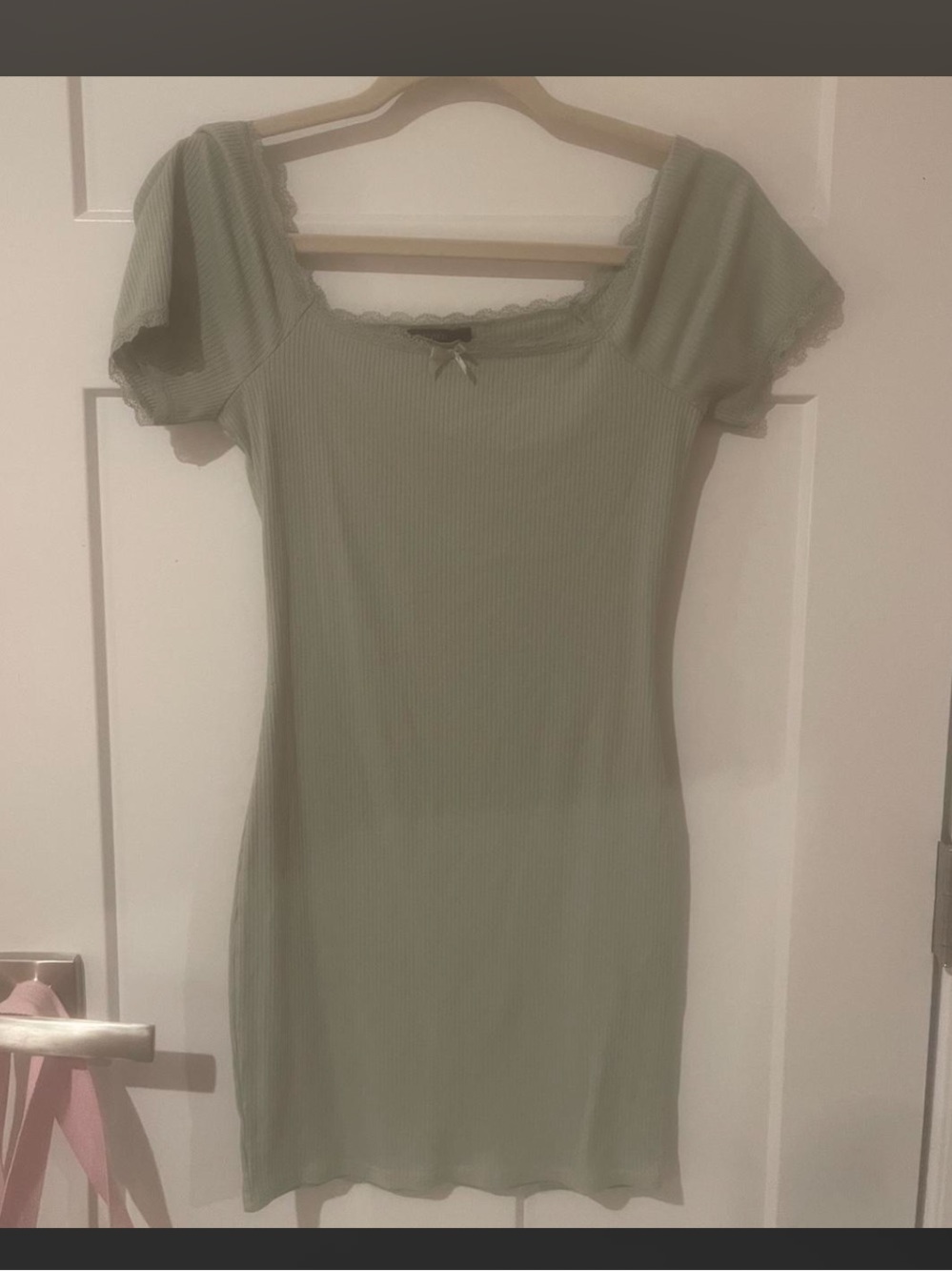 Forever 21 Sage Green Ribbed Mini Dress with Bow Detail